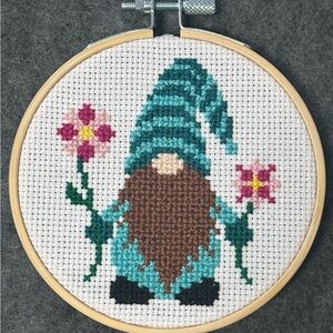 Handmade Cross Stitch Gnome Hoop - Teal Hat with Flowers